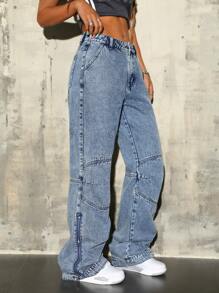 SHEIN ICON 女式宽松直筒牛仔裤，带口袋 - 藍色 - 查看 5