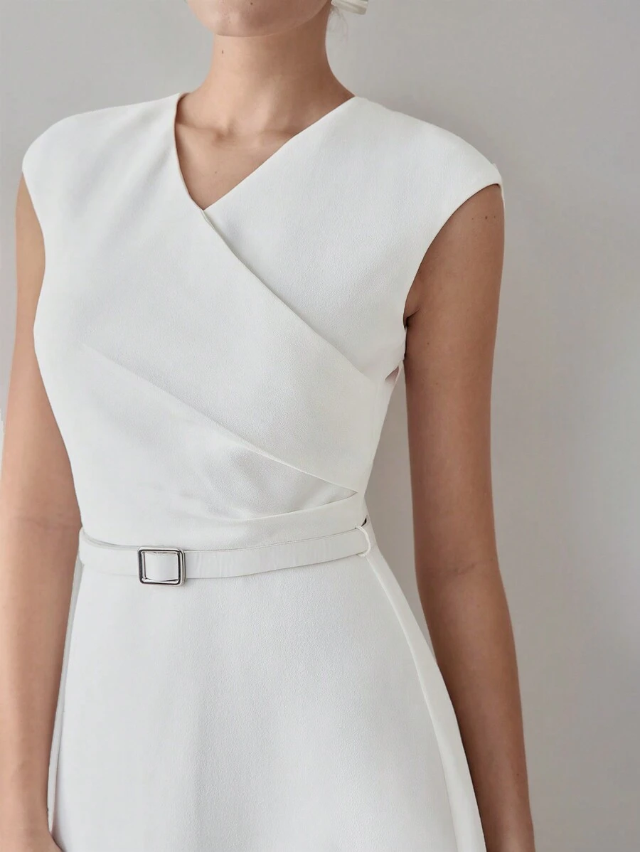 MOTF PREMIUM SOLID SURPLICE NECK RUCHED SIDE BUCKLE BELTED MIDI DRESS - White - View 2