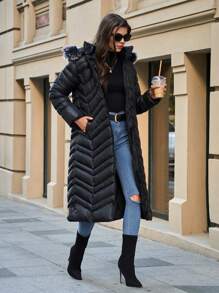 EURMUSE Fur Detailed Zigzag Designed Wintercoat - Black - View 7