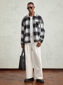Business Casual Men's Woven Plaid Loose Casual Turndown Collar Jacket, For Fall Winter - Black and White - View 5
