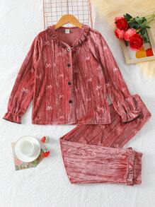 2pcs Girls Velvet Casual Comfy Pink Sweatshirt And Long Pants Pajama Set - Pink - View 8
