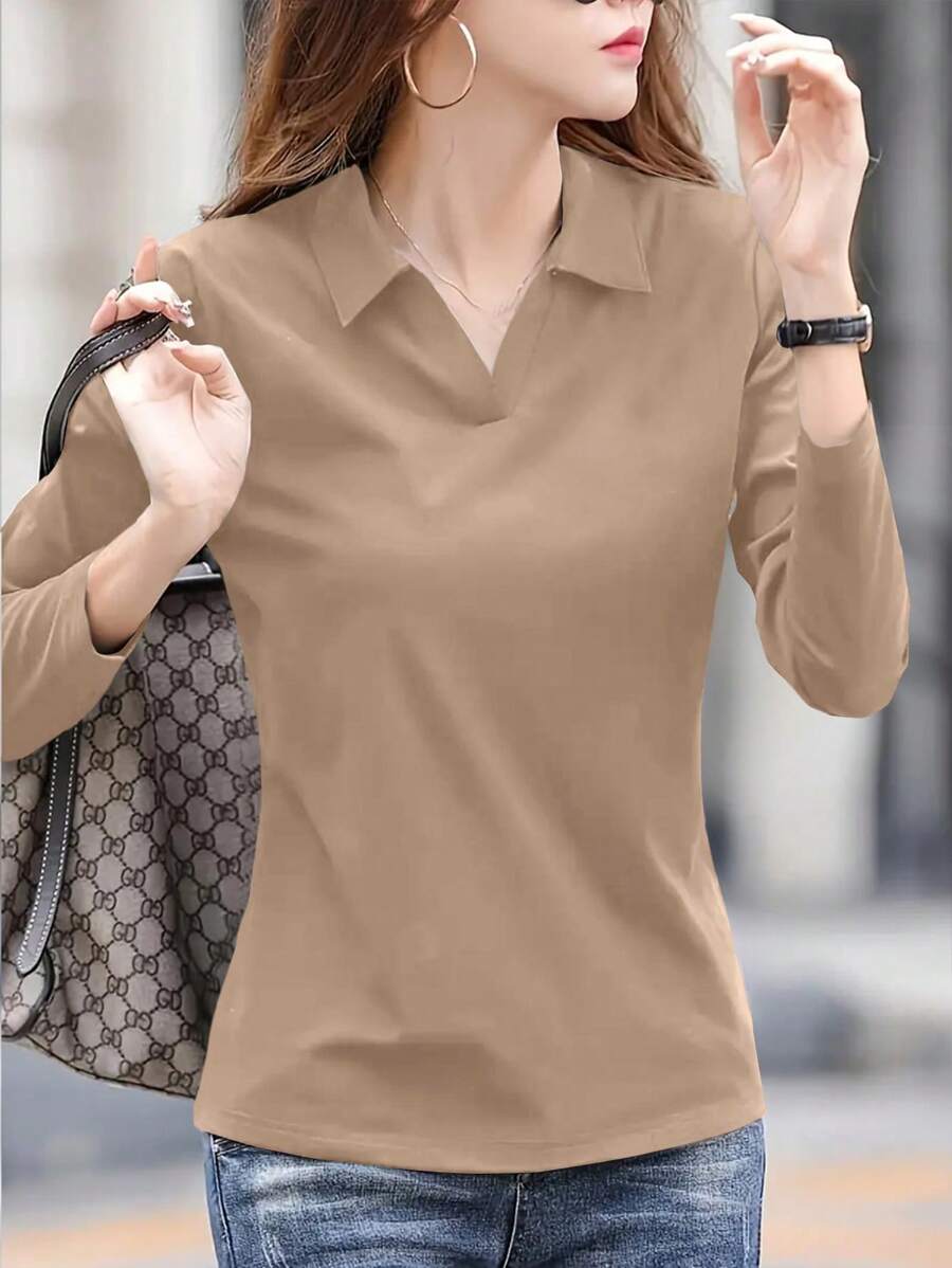 INAWLY Women's Solid Color Simple Casual Long Sleeve T-Shirt Fall Cloth For Women - Khaki - View 1