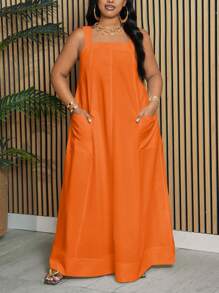 Slaydiva Vestido suelto de talla grande sin mangas con bolsillos y bajo en línea A para damas, primavera-verano - C