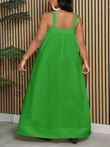 Slaydiva 大码宽松纯色无袖口袋 A 字裙，适合女士度假、优雅和日常休闲，春夏 - 綠色 - 查看 2