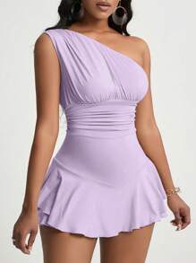 VaVaBold 1pc Women's Solid Asymmetrical Neckline Ruffle Hem Sleeveless Jumpsuit - Purple - View 4