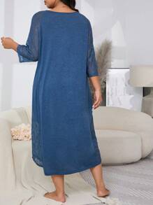 Plus Size Casual Hollow Out Lace Patchwork Fringes Tie Up Dress - Blue - View 2