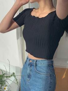 DAZY 女式方领短款修身短袖 T 恤，秋季 - 黑色 - 查看 8