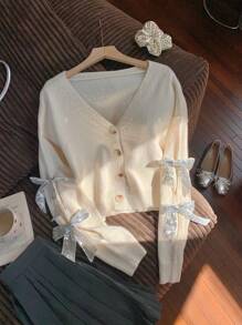 Comfortcana Women's V-Neck Button Down Long Sleeve Bow Tie Elegant Cardigan Sweater - Beige - View 6