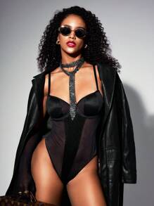 女士网眼撞色镂空性感透明亮片连体裤