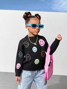 SHEIN Explorewe Girls' Colorful Smiling Face Jacquard Knit Sweater,Vibrant Crew Neck Soft Warm Pullover For Autumn,School,Back-To-School,Casual Comfortable Knitwear - Black - View 1