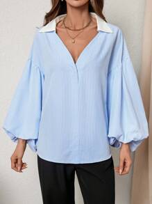 SHEIN Privé Women's Elegant Resort & Office Stylish Lantern Sleeve Button V-Neck Polka Dot Print White Shirt Old Money Quiet Luxury Fall Clothes Work Women Blouses Fall Blouses. White Collar Shirt