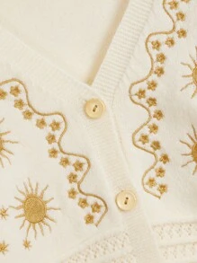 ROMWE Hippie Sun, Moon And Stars Embroidered Bohemian Cardigan - Apricot - View 3