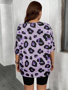 SHEIN LUNE Plus Size Leopard Print Animal Pattern Basic Casual Khaki T-Shirt - Purple - View 2