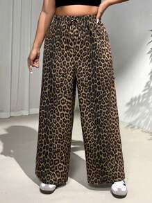 SHEIN EZwear Plus Size Women Fashionable Leopard Printed Wide Leg Pants - Multicolor - View 4