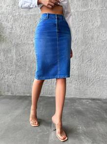 Cottnline 後背開衩牛仔半身裙 - 中等水洗藍 - 查看 4