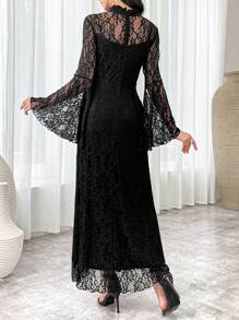 Modelyn Women's Solid Color Black Contrast Lace Minimalist Arabian-Style Casual Modest Long Sleeve Dress Long Evening Dresses - Black - View 2