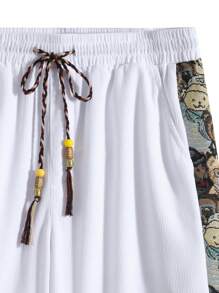 2pcs Men's Summer Letter & Cartoon Bear Graphic Print Crew Neck Tee And Drawstring Waist Shorts Set - White - View 3