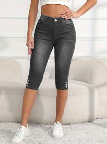 Women's Casual Stretch Skinny Cropped Jeans - Xám - Xem 4