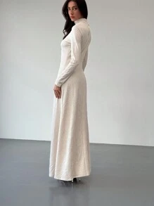 Aloruh 秋冬季新款针织提花高领长袖修身超长毛衣连衣裙 - 杏色 - 查看 5