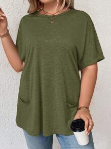 EMERY ROSE 大码纯色圆领口袋休闲短袖 T 恤女式上衣秋季服装