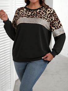 EMERY ROSE Plus Size Fall Women Solid Sequin & Leopard Patchwork Round Neck Long Sleeve Women Sweatshirts Winter Autumn - Black - View 5