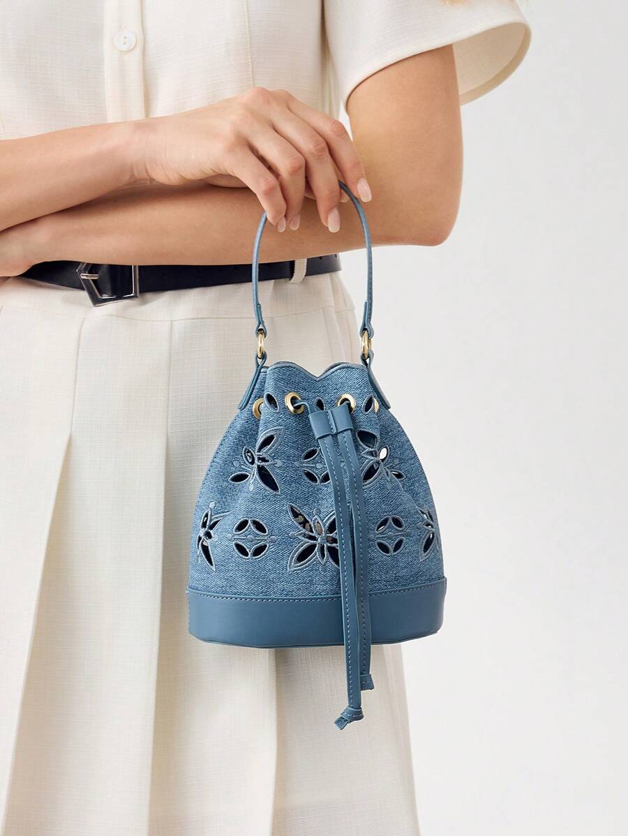 MOTF PREMIUM WOMEN'S FASHION HOLLOW-OUT EMBROIDERED SHELL-TRIM HANDBAG - Blue - View 2