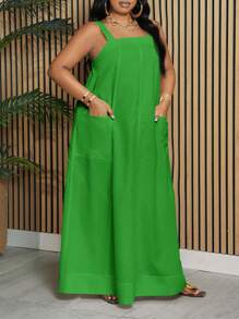 Slaydiva 大码宽松纯色无袖口袋 A 字裙，适合女士度假、优雅和日常休闲，春夏 - 綠色 - 查看 6