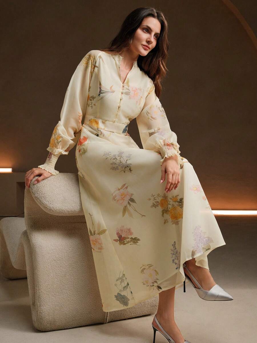 Anewsta 女式 V 领纽扣长袖花卉欧根纱连衣裙长款女装 - 白色 - 查看 1