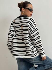 StreetHx Suéter a rayas desgastado de moda para mujer, jersey de punto para otoño e invierno - Blanco y Negro - Ver 3