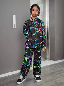 SHEIN Leap Crew 2 件 Tween Boy 荧光效果连帽运动衫和裤子套装，适合秋冬季的休闲街头风格 - 彩色 - 查看 4