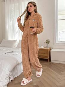 Dream Adore Bear Embroidered Animal Ear Decor Plush Jumpsuit Pajamas, For Fall Winter