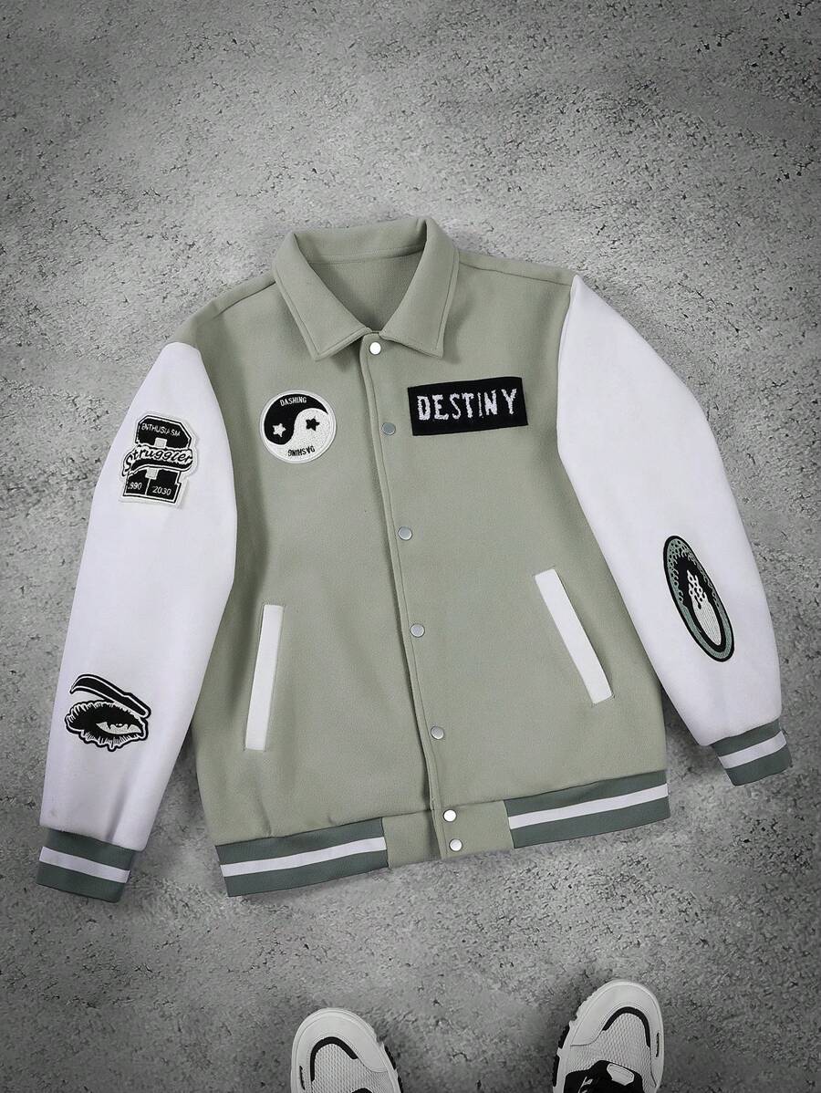 Manfinity Roghcode Men's Contrast Patch Front Button Long Sleeve Jacket, Fall Men Winter Jacket - Multicolor - View 1