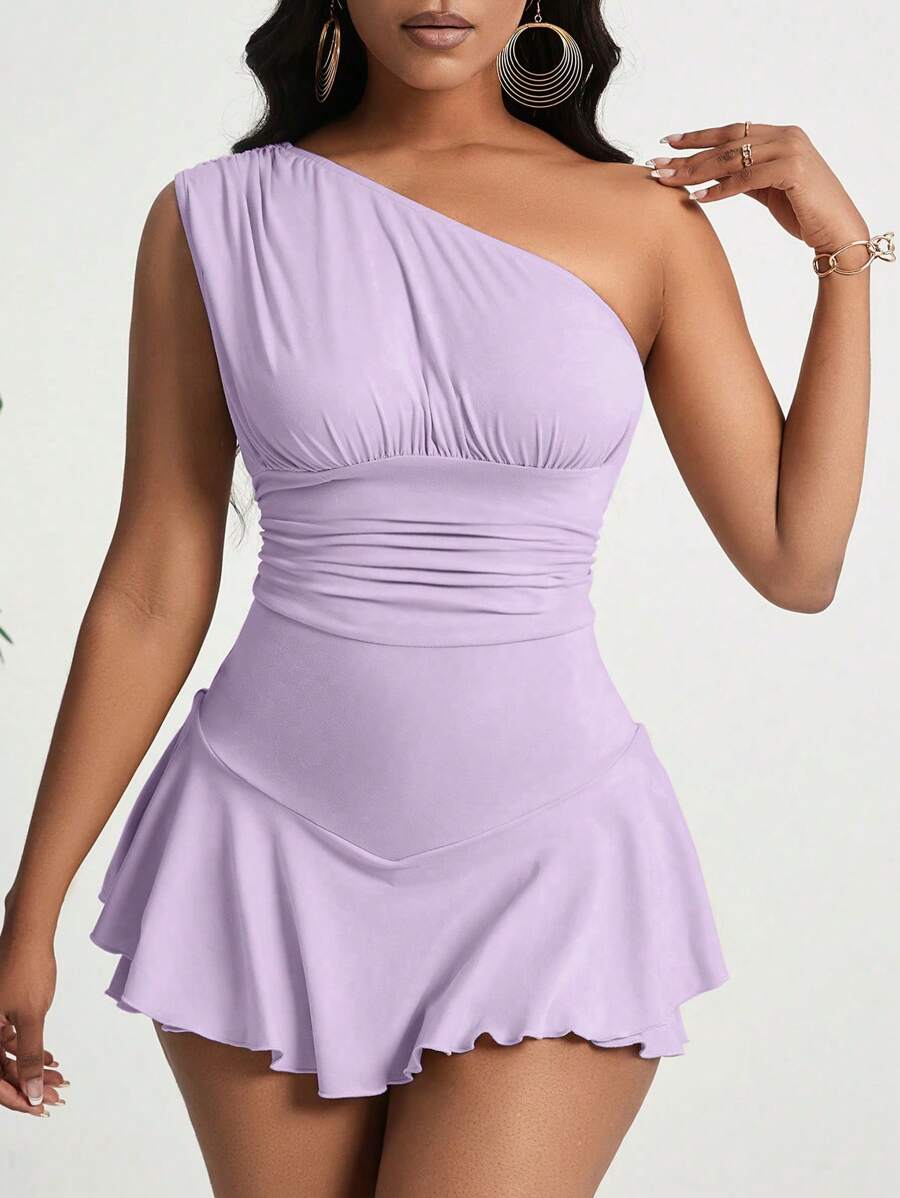 VaVaBold 1pc Women's Solid Asymmetrical Neckline Ruffle Hem Sleeveless Jumpsuit - Purple - View 1