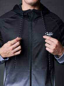 Manfinity Running Boyfriend Style Men Ombre Color Letter Print Raglan Sleeve Hooded Sports Jacket, Spring Autumn Training Top Sports Jacket