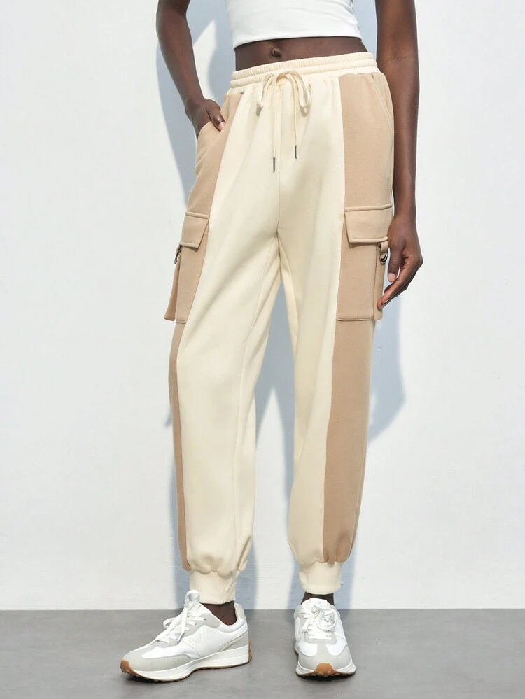 SHEIN Maija Pantalon de survêtement décontracté à cordon de serrage bicolore pour femmes