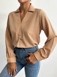 EURMUSE V-collar Lantern Sleeve Solid Top - Apricot - View 3