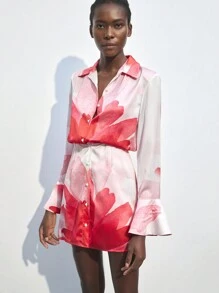 Maija Váy sơ mi thanh lịch tay loe họa tiết hoa cho nữ, mùa thu - Hồng - Xem 4