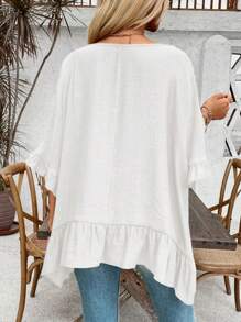 SHEIN LUNE 女士纯色休闲不对称肩长袖衬衫荷叶边单肩上衣 - 白色 - 查看 2