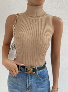 RosyDaze Women Solid Color Turtleneck Sleeveless Knit Sweater - Khaki - View 7