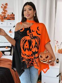 Calvaya Plus Size Women Halloween Pumpkin Head Print Asymmetrical Neck Batwing Sleeve Contrast Color Asymmetrical Hem T-Shirt - Orange - View 1