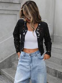 GENKIRA Áo khoác ren khoét sâu thanh lịch kiểu Pháp dài tay cổ tròn thiết kế túi không cài nút - màu đen - Xem 3