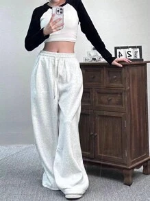 INAWLY Solva 女式纯色简约抽绳阔腿裤 - 灰色 - 查看 5