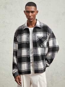 Business Casual Men's Woven Plaid Loose Casual Turndown Collar Jacket, For Fall Winter - Black and White - View 6