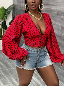Slaydiva Red Leopard Print V-Neck Lantern Sleeve Blouse - Red - View 3