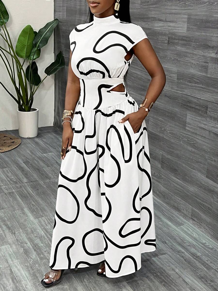 Slaydiva 女士夏季条纹印花立领宽松上衣和阔腿裤休闲连衣裙套装 - 黑與白 - 查看 1