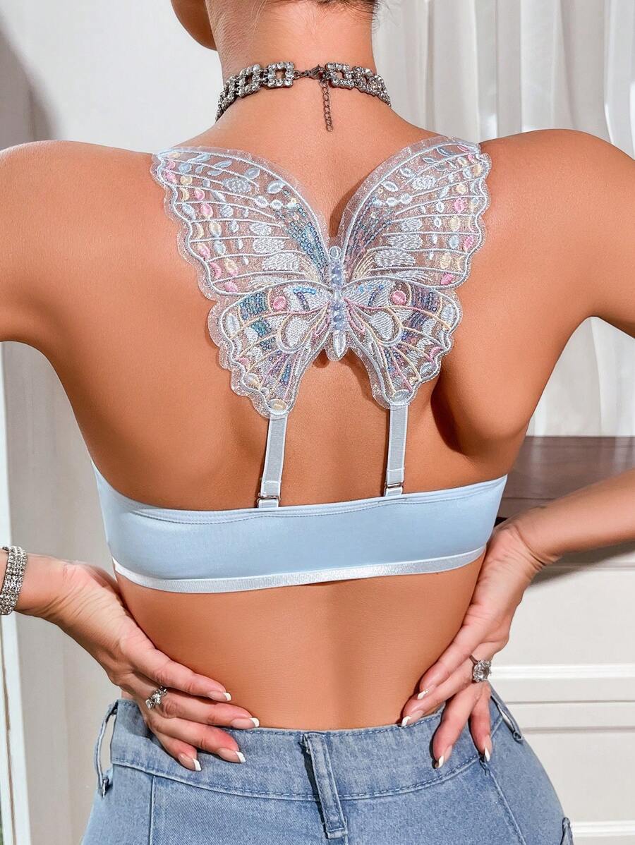 1pc Embroidered Butterfly Design Wire-Free Bra For Women