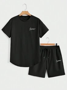 Manfinity BRENVOR 2 件男士夏季圆领休闲字母图案 T 恤和抽绳腰短裤套装，舒适服装