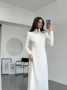 Aloruh 秋冬季新款针织提花高领长袖修身超长毛衣连衣裙 - 杏色 - 查看 7