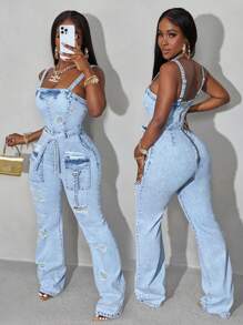 Slaydiva Women's Solid Color Simple Casual Distressed Denim Jumpsuit