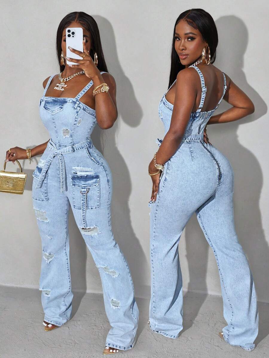 Slaydiva Women's Solid Color Simple Casual Distressed Denim Jumpsuit